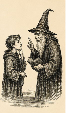 The wizard raises a warning finger while the apprentice listens with a hand to his chin.