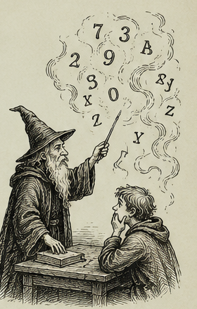 The wizard points at numbers and letters escaping upward like smoke while the apprentice watches from a desk.