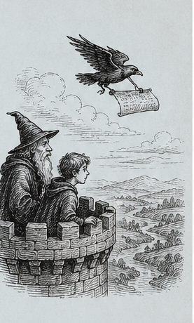 The wizard and apprentice stand on a tower as a bird carries a scroll across the sky.