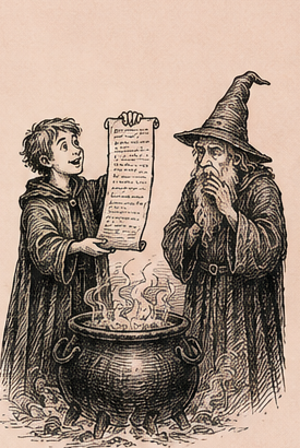 The apprentice holds up a scroll above a smoking cauldron while the wizard looks suspicious.