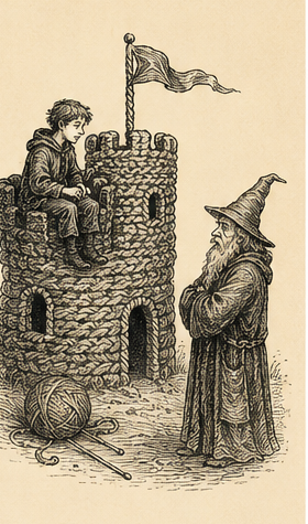 The apprentice sits on a knitted tower while the wizard studies it from below.