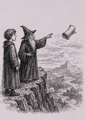 The wizard gestures toward a scroll flying away over distant mountains while the apprentice watches.